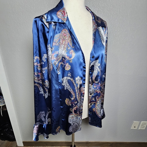 Spense Paisley Satin Blouse - Blue pink Ruffle Statement Sleeve Button Up Large - Picture 4 of 16